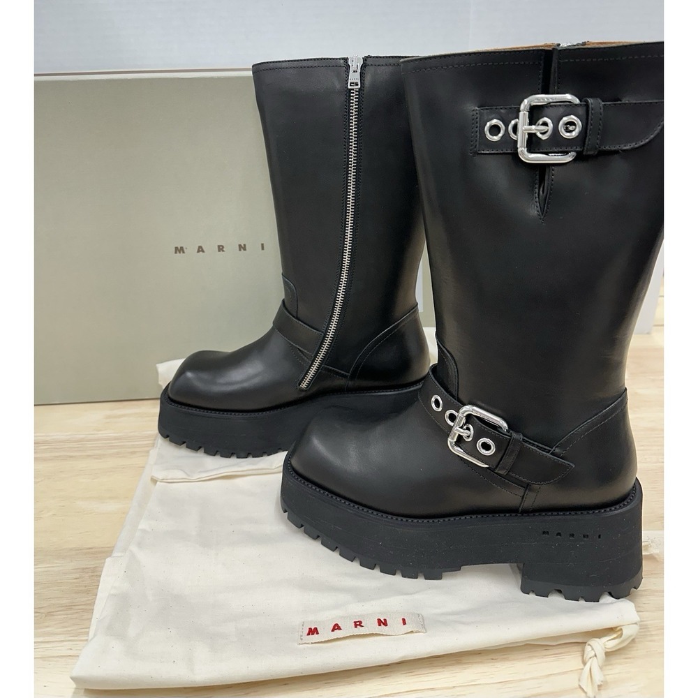 MARNI Size 37 Black Soft Calf Leather Biker Mid-Calf Boots Inner Zip -New w/ Box